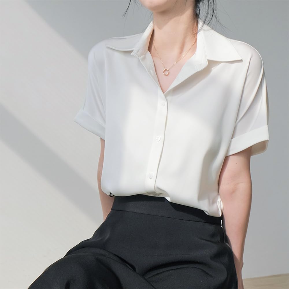 Рубашка Блузка Короткий рукав Летняя Рубашка с воротником Шифон Белый Офисная Повседневная Топы Непрозрачный Офис Бизнес Поездки на работу Повседневный Высоко дышащий [Xiaoyu]