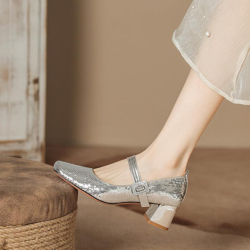 H988-29 Shiny Beaded One-piece Mary Jane High Heels Femininity Small Fragrant Thick Heels Women's Shoes 2025 Spring