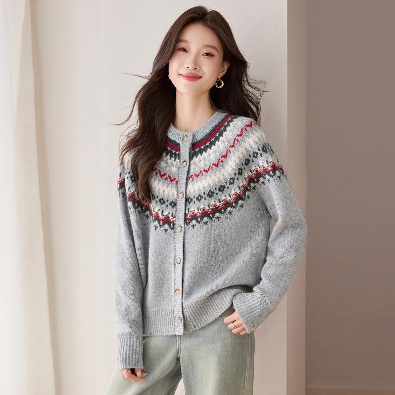 Women's Fair Isle Jacquard Knit Wool Cardigan Coat - Warm Button Sweater for Autumn/Winter