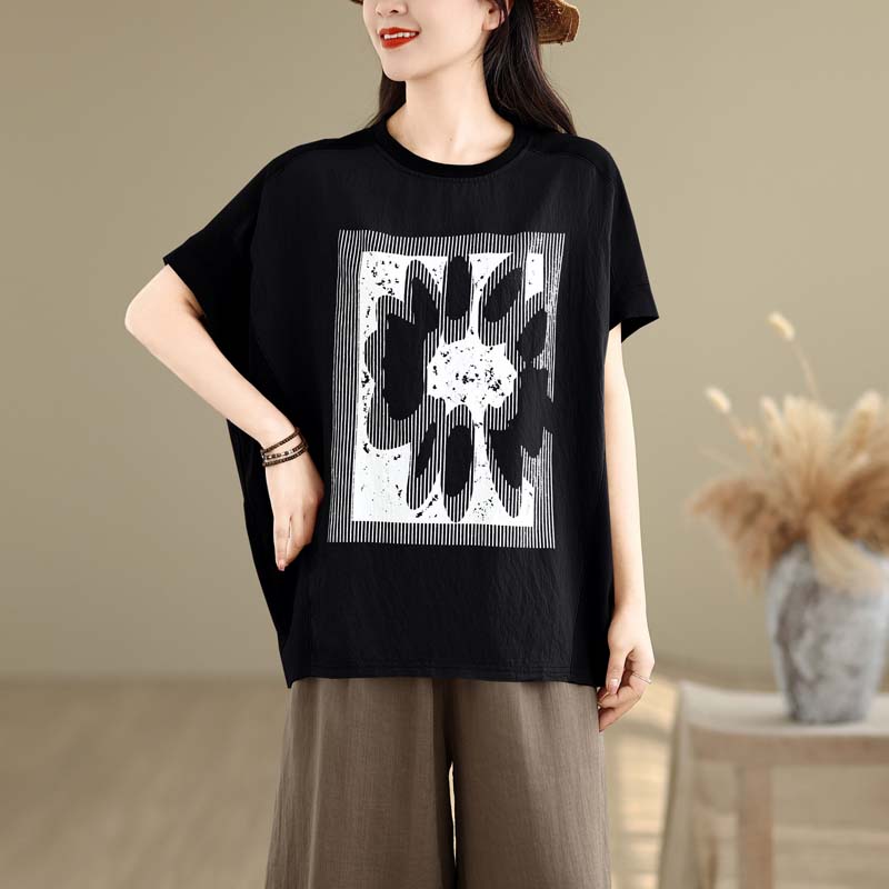 DIMANAF 2025 Летние Топы Большого Размера Хлопковая Футболка с Круглым Вырезом Женщины Рукав Летучая Мышь Принт Свободные Футболки