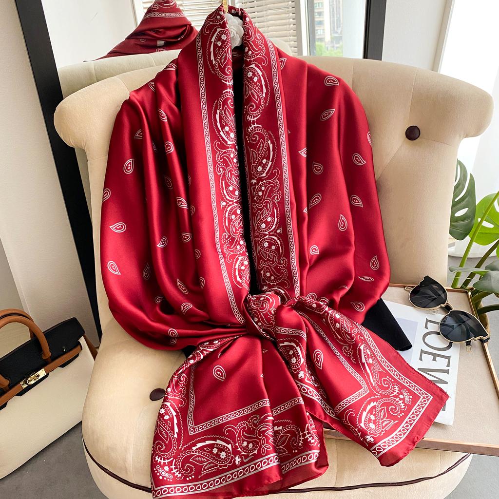 New 180*90cm Fashion Silk Scarf Scarftop Headwraps Women Vintage Four Seasons Hair Scarve Hijab Foulard Bandana Femme Headscarf
