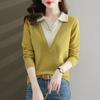 Fake Two Piece Knitted Sweater Women Fashion Lapel All Match V Neck Autumn Winter Pullover Top Casual Basic Sweaters