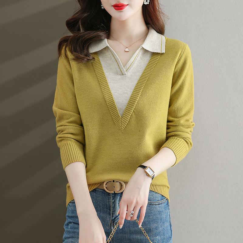 Fake Two Piece Knitted Sweater Women Fashion Lapel All Match V Neck Autumn Winter Pullover Top Casual Basic Sweaters