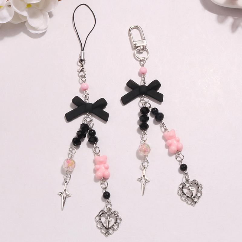 Goth Y2K Phone Charm Bow Keychain Pendant Kawaii Key Chain Bag For Girls Women Guitar Strap Lanyard Beaded Keychain Pendant