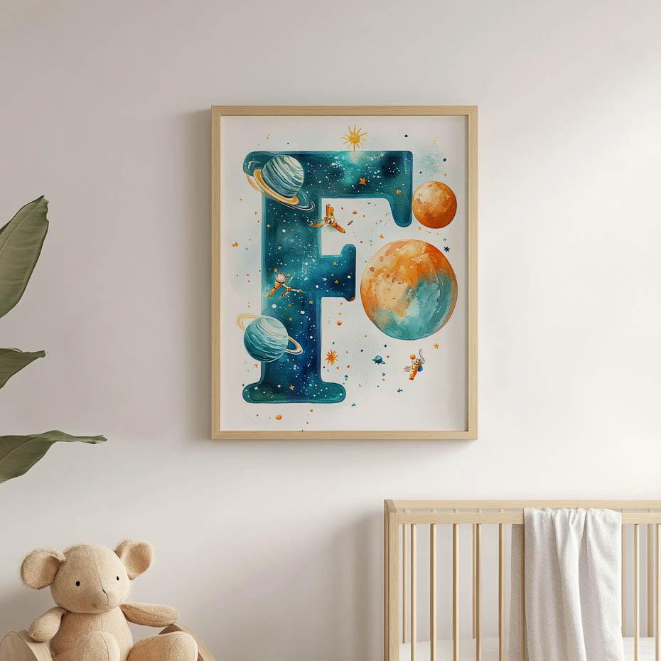 Poster "Letter F In Space" Poster "Letter F In Space, 30X40 Cm, Gold Aluminum Frame, 230 Gsm Matte Paper