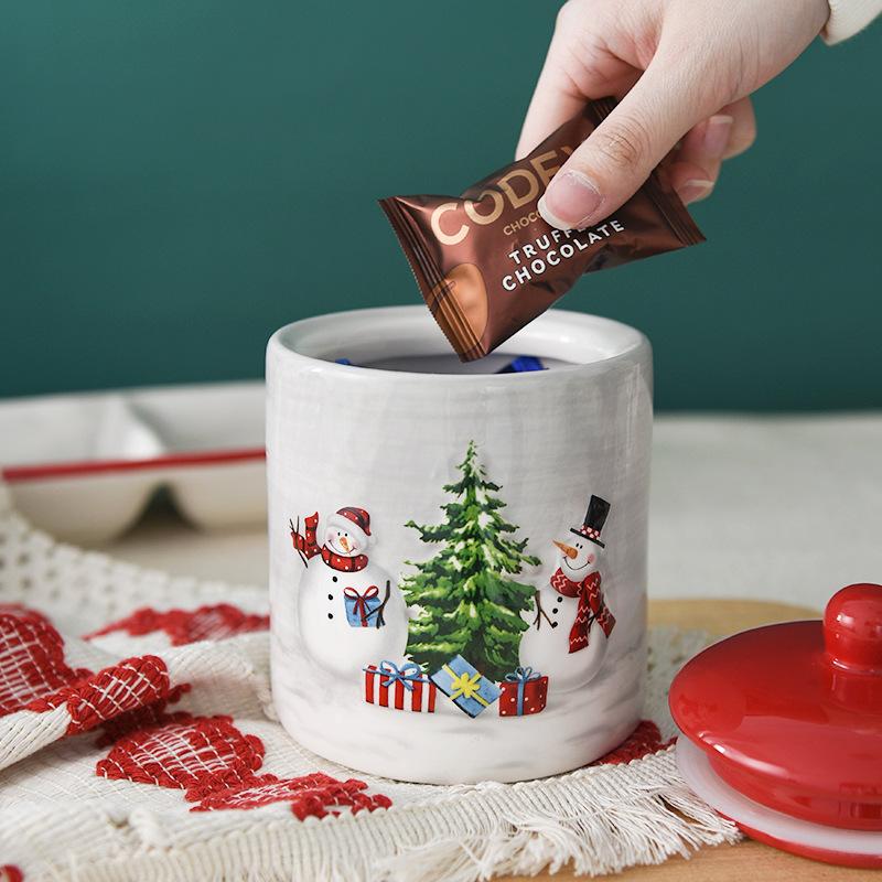 Christmas Ceramic Storage Jar with Lid Nordic Snowman Grain Nut Snacks Candy Coffee Bean Food Container Creative Christmas Gift