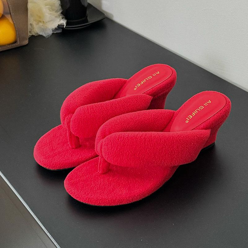 Fashion Red Fashion Round Toe Ladies Wedges Slippers Shoes Footwear Flock Women Wedges Slippers Shoes Female Sandals Slides Flip Flops