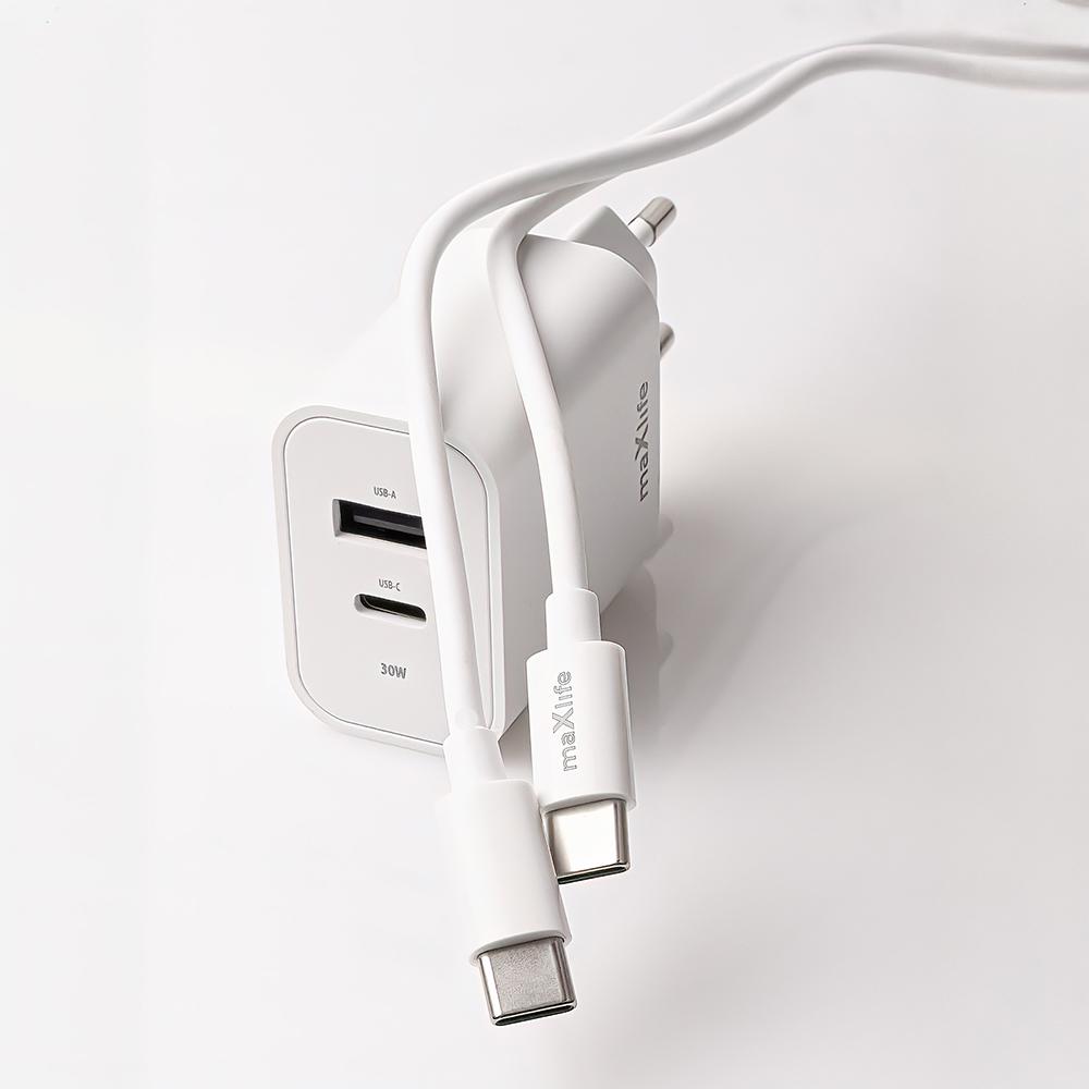 Maxlife Ładowarka Sieciowa Pd Qc Mxtc-06-30Ac 1X Usb-C 1X Usb 30W Biała + Kabel Usb-C - Usb-C 60W