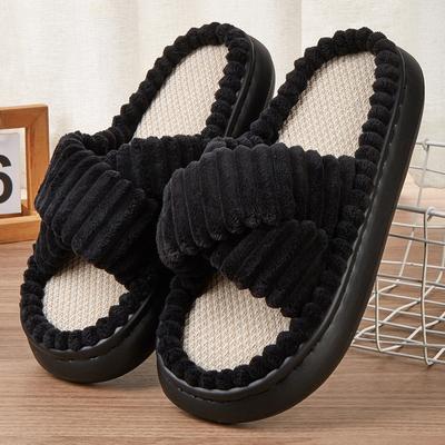 Зимние однотонные льняные тапочки, женские домашние тапочки, с открытым носком, с перекрестной полосой, льняные подошвы, домашние шлепанцы, нескользящие домашние тапочки на платформе