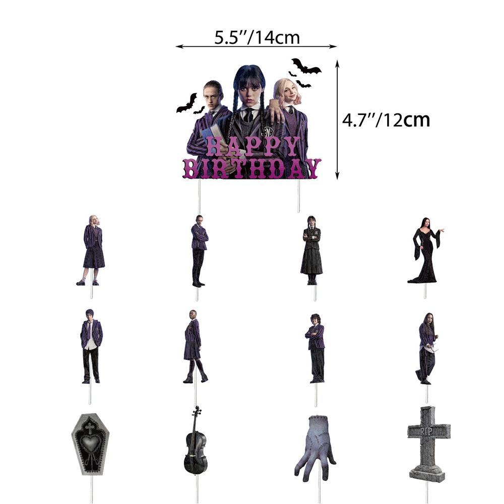 Украшения для вечеринки в честь дня рождения Уэнсдей Аддамс включают топпер для торта, баннер из воздушных шаров