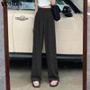 VONDA Women Casual Elastic Waist Solid Color Straight Trousers