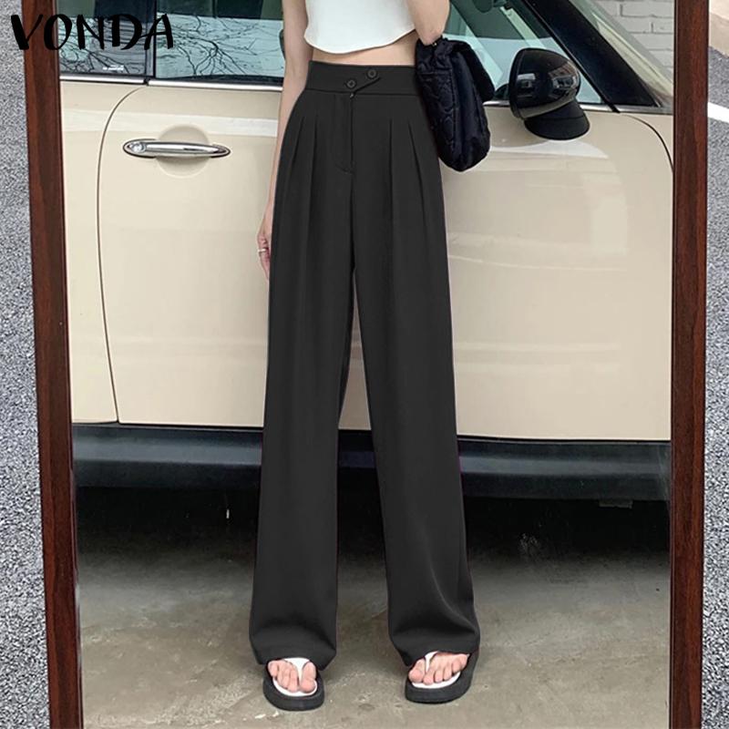 VONDA Women Casual Elastic Waist Solid Color Straight Trousers