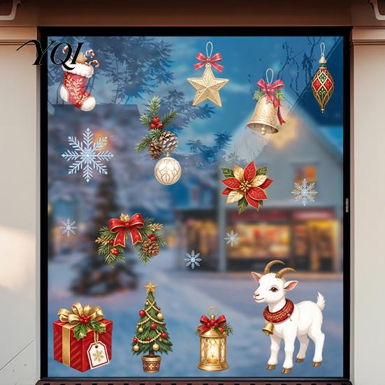 Festive Snowflakes Ornaments Christmas Lamb Static Glass Stickers, Reusable PVC Window Cling, Holiday Indoor Outdoor Decor Decals with Bells Tree And