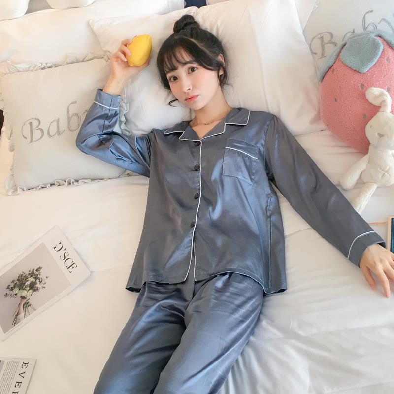 Пижама женская летняя кардиган с длинными рукавами Ice Silk Spring Sweet Ins Искусственный шелк Тонкий Home Service