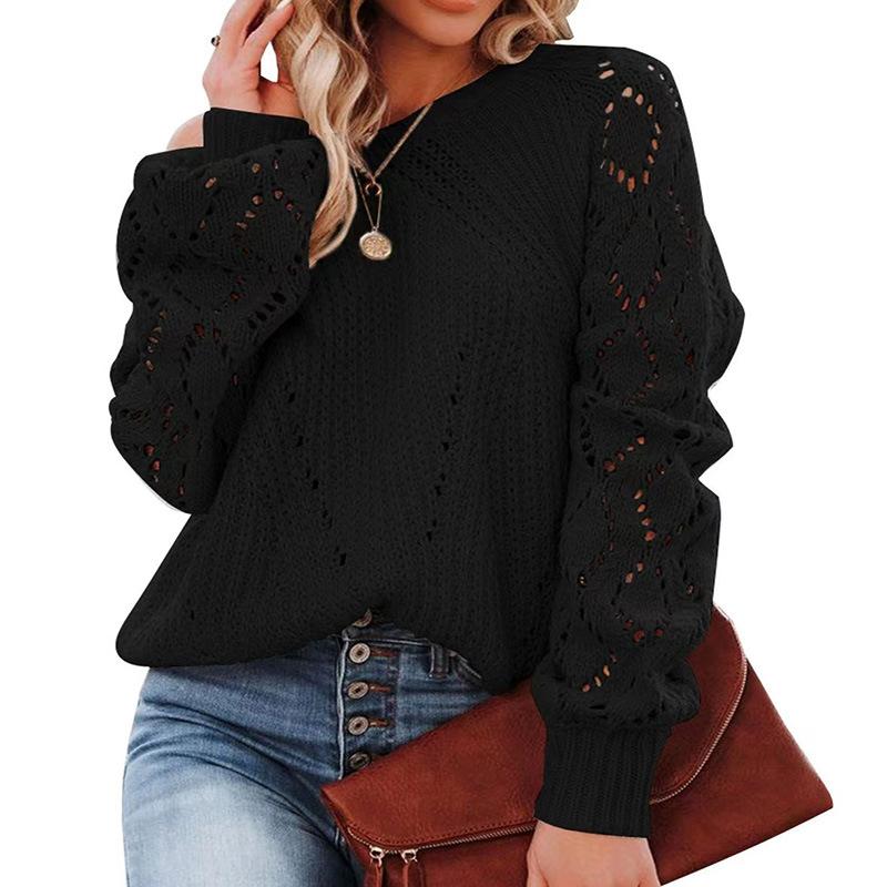 Solid Color Loose Top Women's Plus Size Autumn and Winter Hollow Floral Round Neck Sweater