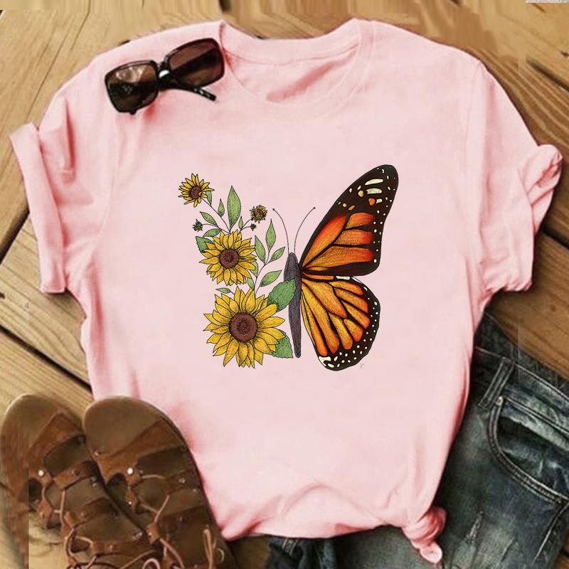 Butterfly Lovely Tee Top Fashion T Shirt 90s Sweet Trend Clothing Casual Short Sleeve Women Print Lady Female Graphic T-shirt