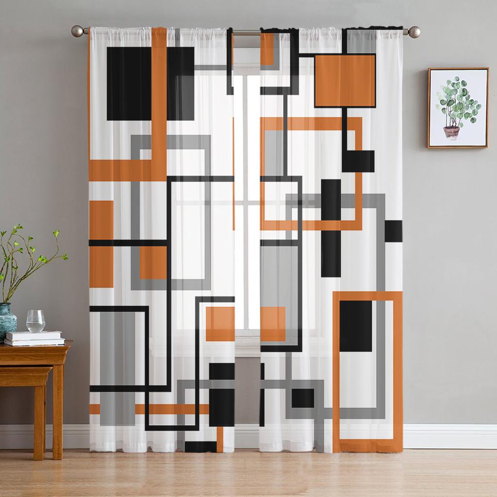 Abstract Geometric Squares Art Black Red Sheer Curtain Living Room Printed Tulle Window Curtain Luxury Home Balcony Decor Drapes