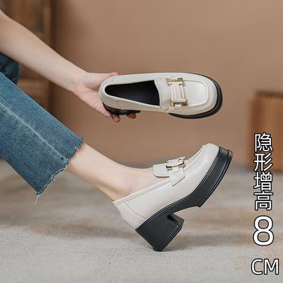 Маленькие кожаные туфли на толстой подошве с внутренней платформой, увеличивающей рост, женские новые туфли-маффины, толстый каблук, высокий каблук, черные одинарные туфли