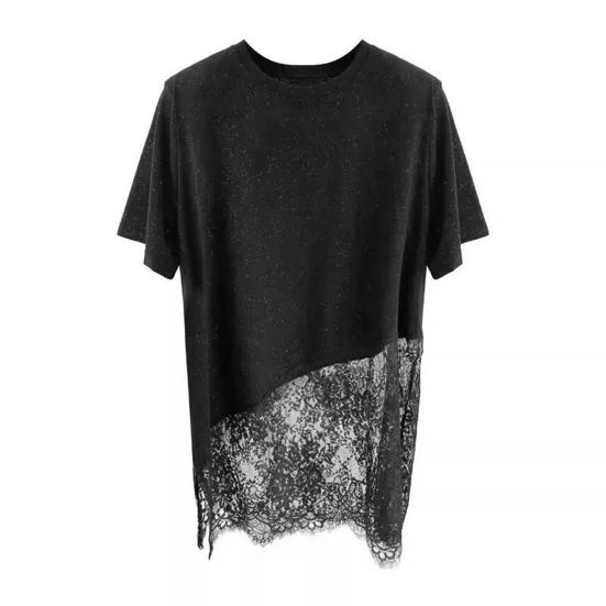 Women T-shirt Round Neck Short Sleeve Mid-length Tops Solid Color Side Slit Design Lace Splicing Tee Shirt Daily Wear