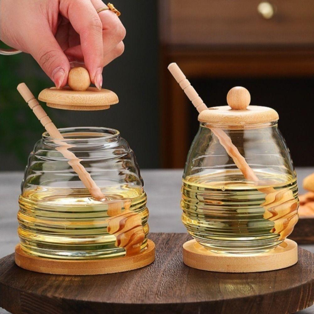 Transparent Honey Storage Container with Dipper and Lid Honey Pot Home Kitchen