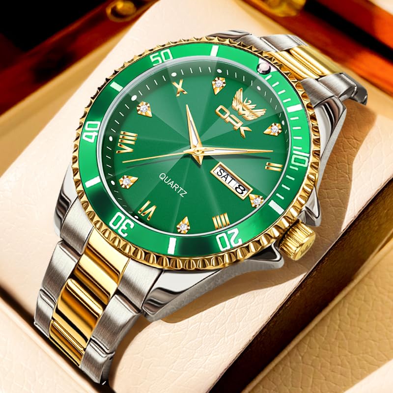 OPK Quartz Watch with Date Classic Stainless Steel Watch for School or Gold Green Men's Display, Waterproof, Luminous, Stylish, Office, &