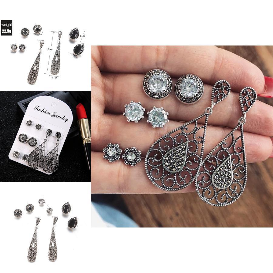 2 Style Vintage Stainless Natural Crystal Stud Earring Set Hypoallergenicearrings Jewelry Gifts