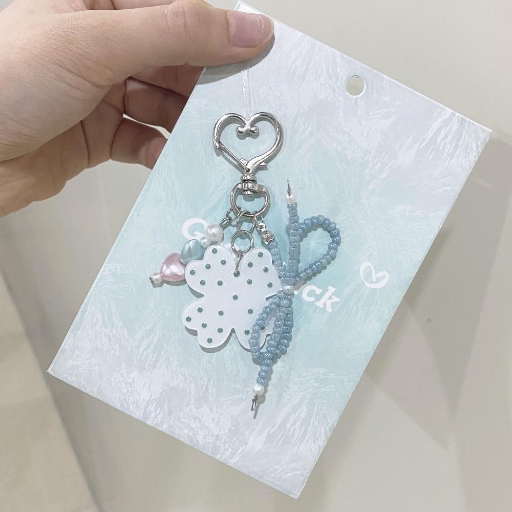 Heart Shape Four Leaf Clover Keychain Beaded Bow Heart Pendant Aesthetic Bag Charm Purse Decor