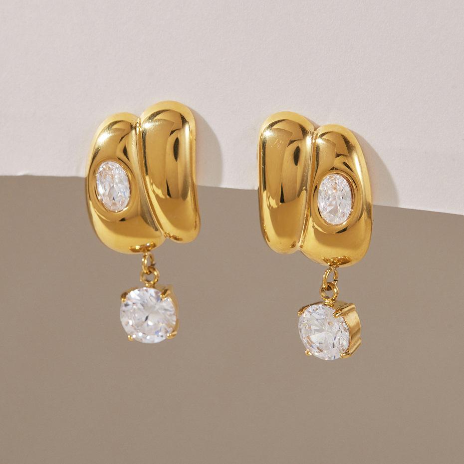 Non Tarnish Chunky Oval CZ Drop Earrings Stainless Steel 18K Gold Plated Statement Earrings for Women