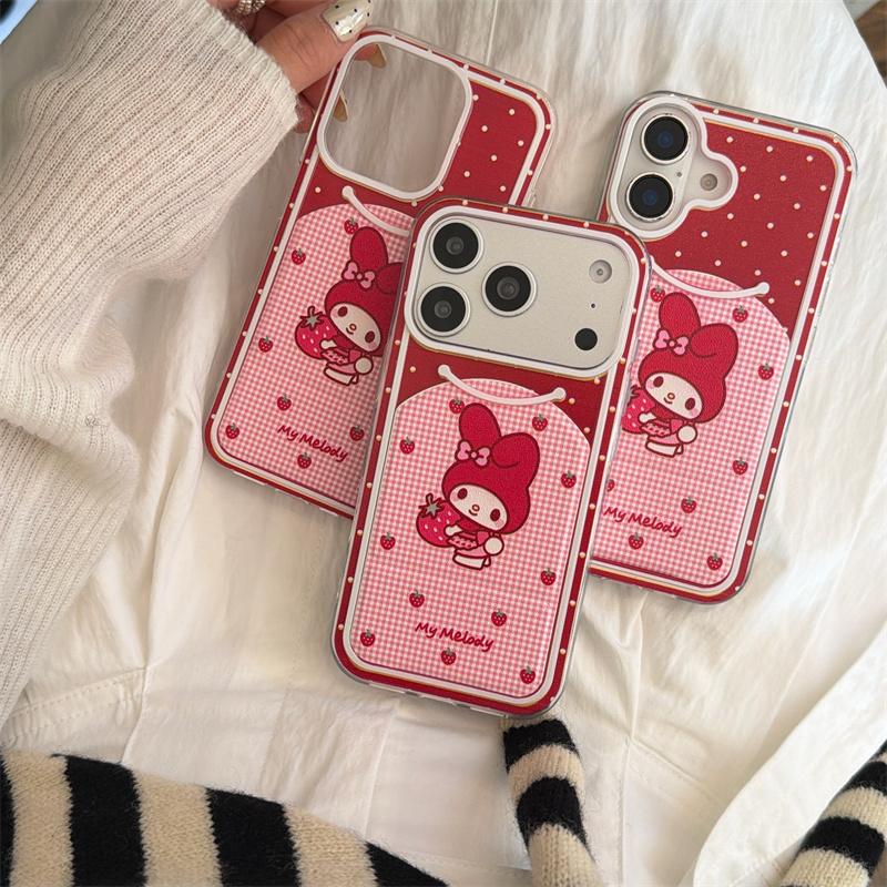 Эстетичный красный чехол для телефона с клубникой My Melody для iPhone 17 16 15 14 Pro Max, милый с точками и клеткой, с подставкой, защитная крышка для W