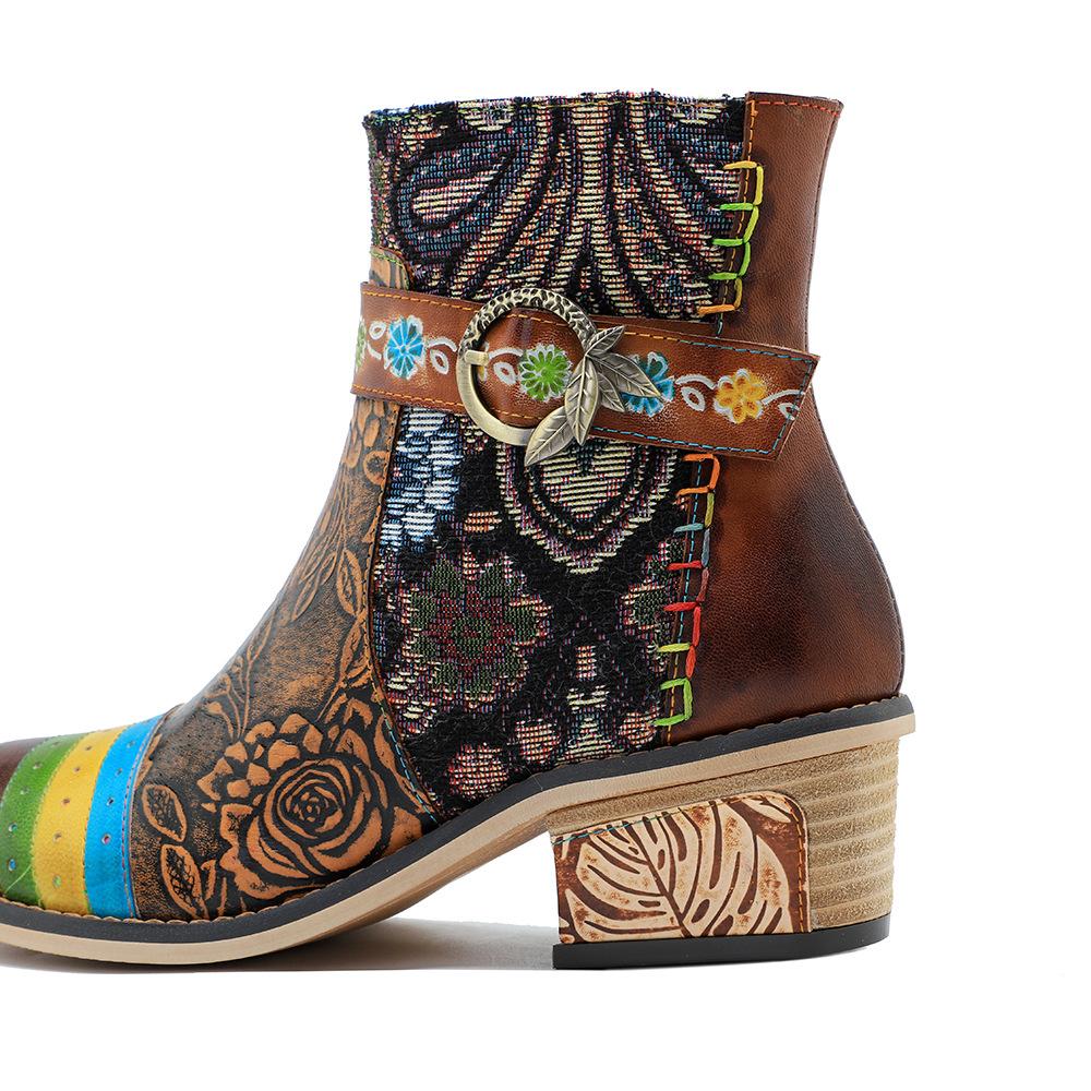 Johnature Обувь ручной работы из натуральной кожи с принтом, контрастные повседневные удобные женские короткие сапоги в стиле ретро в стиле ретро