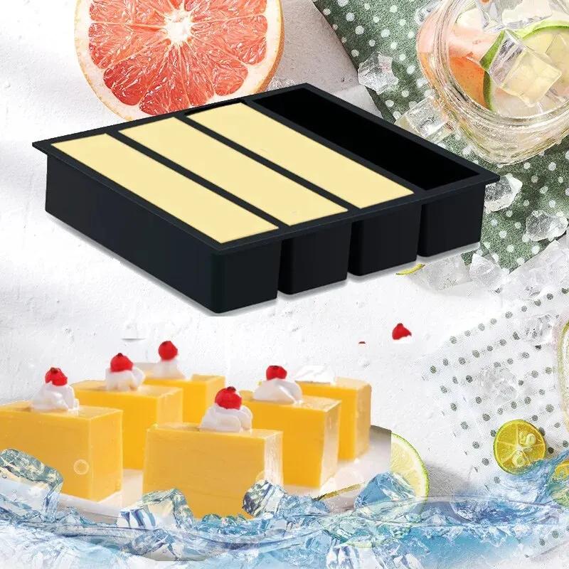 4-grid Long Square Ice Tray with Lid Food-grade Silicone Mold Freezer Tray Suitable For Beverage Cocktail Ice Tray Cube Ice Box