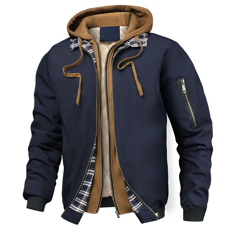 Men's Hooded Padded Bomber Jacket Plaid Trim Fake Two-Piece Winter Coat