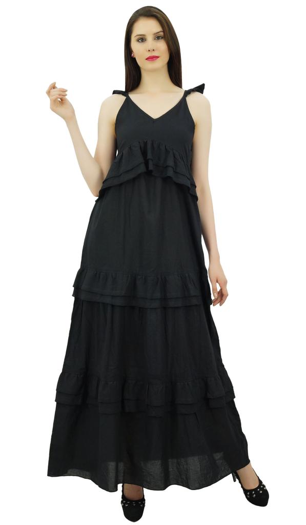 Bimba Sexy Summer Spaghetti Strap Sundress V-Neck Casual Ruffle Long Maxi Beach