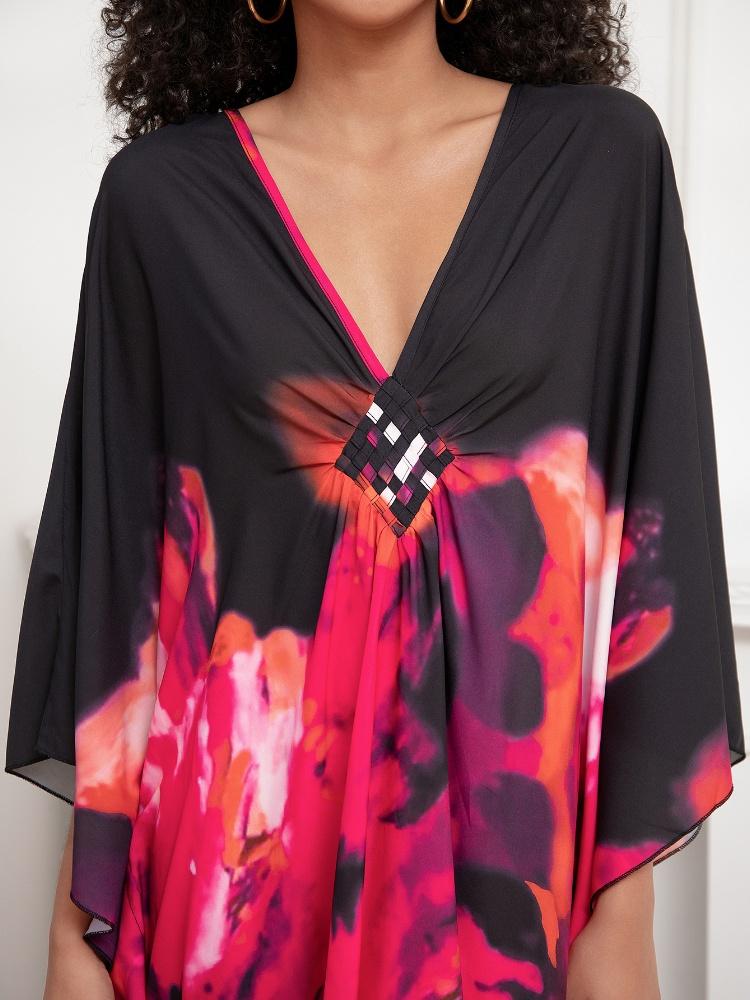 EDOLYNSA Шикарный розовый красный цветок черный женский халат кафтан свежее платье с рукавами «летучая мышь» купальный костюм прикрыть халат Q1289