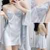 Women 2PCS Robe Set Embroidery Flower Nightgown Lingerie Sexy Lace Backless Nightdress Sleepwear Loose Satin Bathrobe Home Dress