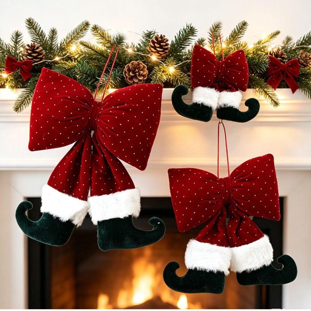 Wine Red Christmas Tree Bowknot Rhinestone Bowknot Hanging Ornament Xmas Decor
