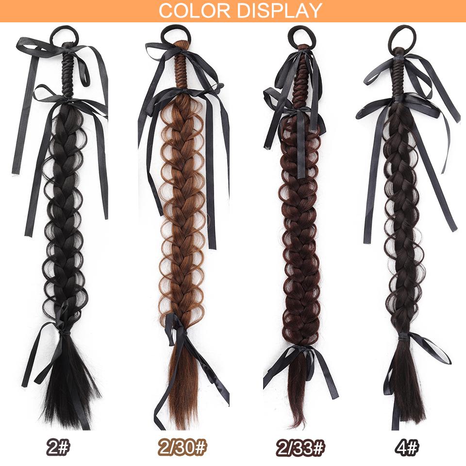 Ponytail Synthetic Wig Elastic Style Boxing Braid Wig with Ribbon Bow Hair Accessories Suitable for Ladies to Wear Daily