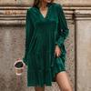 Spring Fall Women Dress Golden Velvet V Neck Pleated Patchwork Long Sleeves A-line Solid Color Knee Length Dating Shopping Midi Dress
