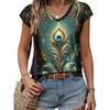 Футболка с V-образным вырезом и ярким принтом павлина 3D, женская, с коротким рукавом, из полиэстера, машинная стирка, идеальный повседневный топ