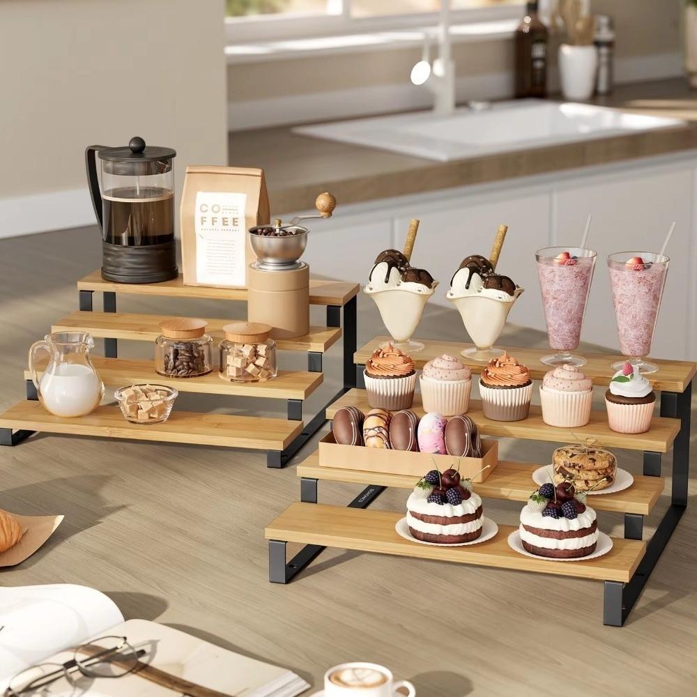 Large Capacity Expandable Step Storage Rack Bamboo Model Display Stand For Kitchen