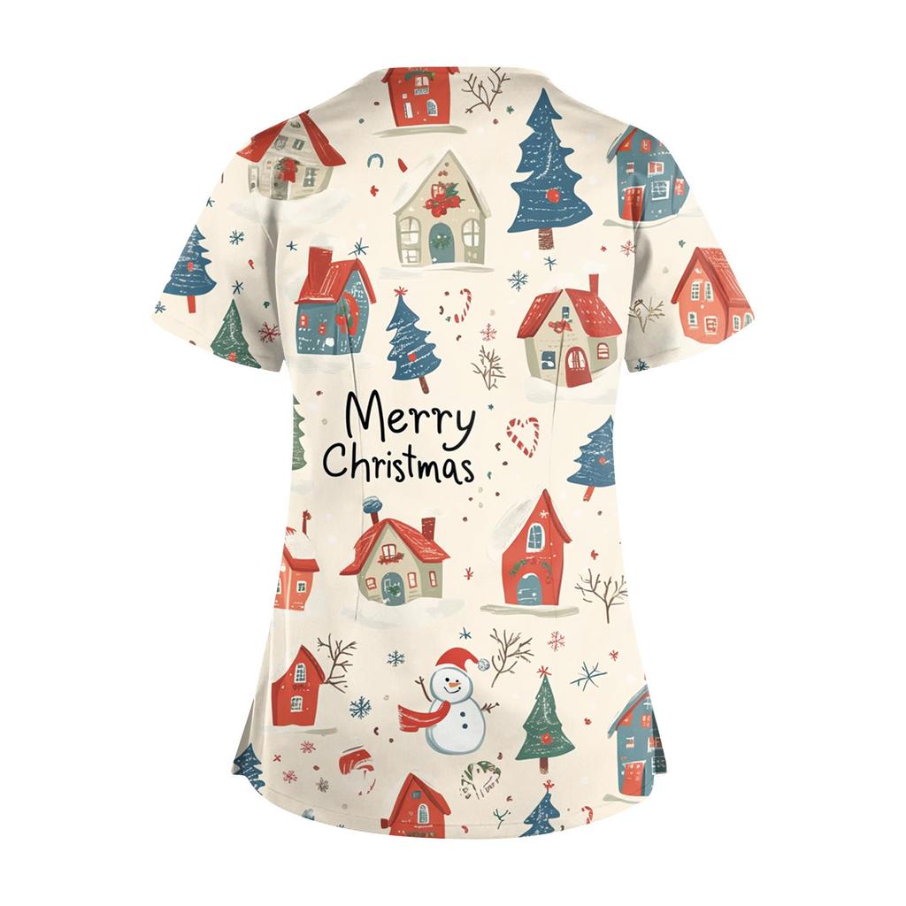 Women's Short Sleeve Stagger V Neck Christmas Print Pocket Dry-nurse Top