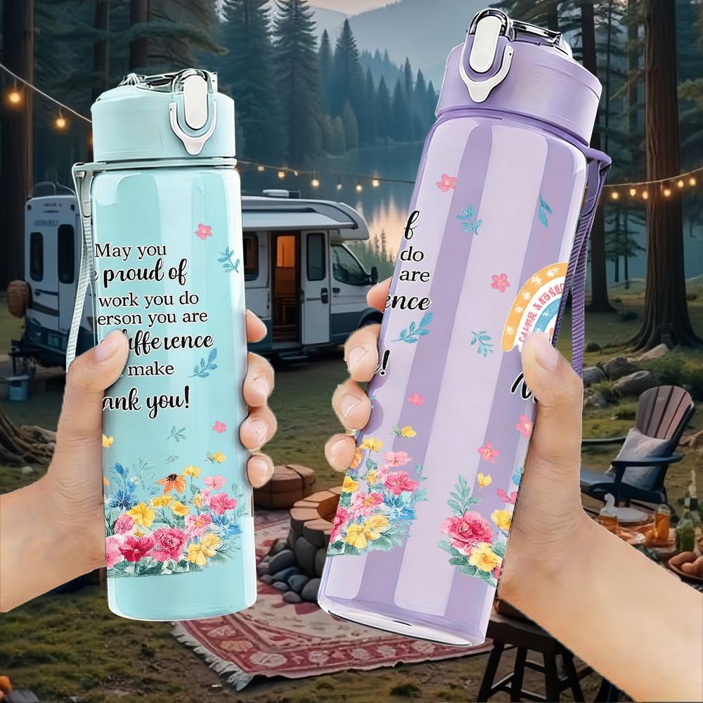 1PC Rainbow Flower Thankful Print 750ml Color Plastic Sports Water Bottle Leakproof Flip Straw Lid Suitable for Sports Office Home Use