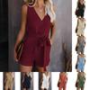 Solid Color One-piece Pants Women 2 Summer Casual V-neck Bow Women's Five-point Shorts