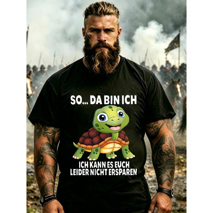 Men'S German Text & Turtle Cartoon T-Shirt - Casual Round Neck Tee With German Lettering, Machine Washable Suitable For Casual Wear, Everyday