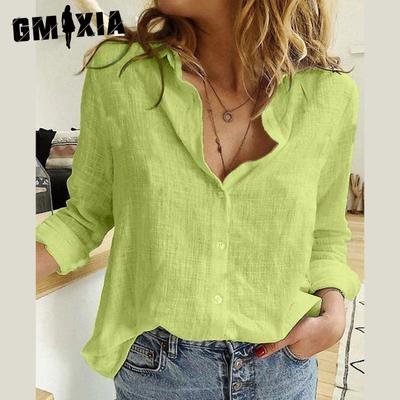 Женские модные повседневные однотонные свободные футболки-поло с длинными рукавами и льняными рубашками с принтом