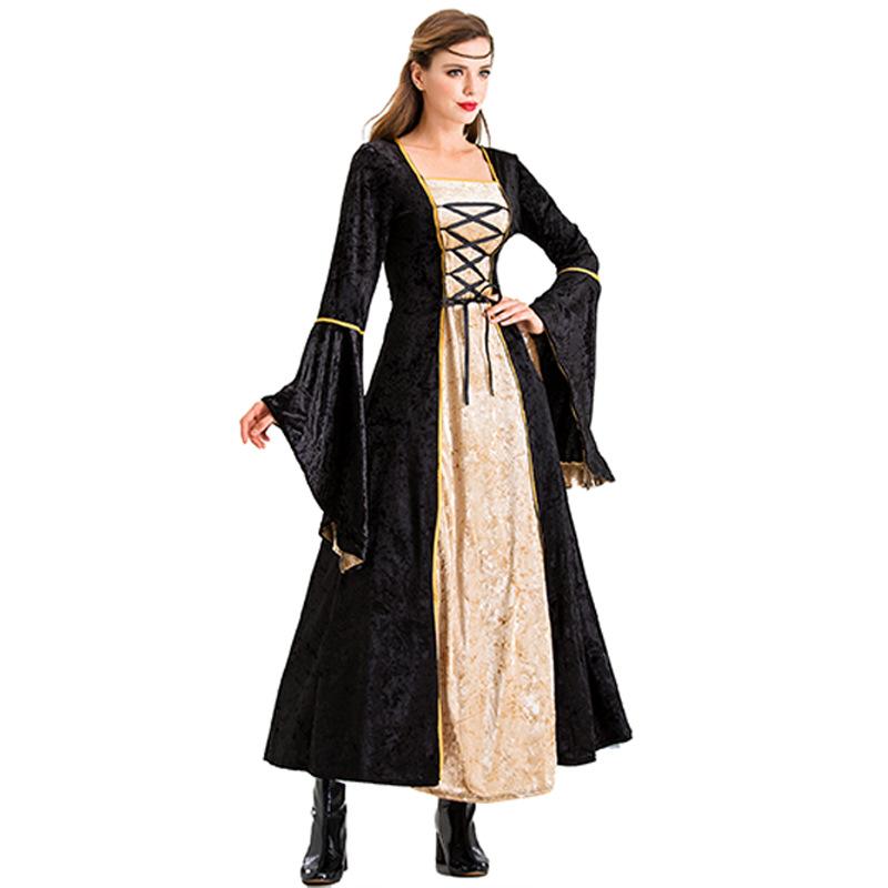 Women's Medieval Clothing Vintage Court Long Dress Strap Waist Gold Diamond Fleece Dress
