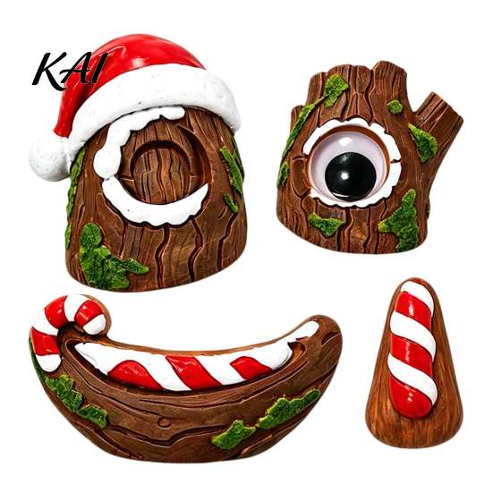 Creative Backyard Holiday Accessory 5 Pcs/Set Outdoor Tree Face Decor, Christmas Resin Art with Garden Ornament Santa Hat, Funny Eyes Nose Mouth