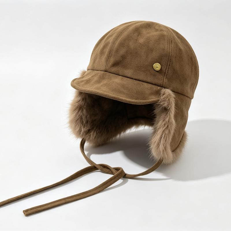 Women S Retro Suede Trapper Hat Winter Warm Ear Flap Cap Metal Label Simple Cold Protection