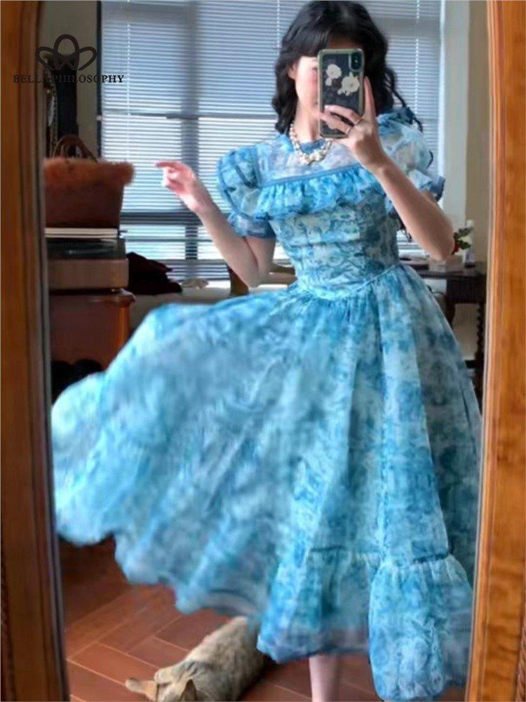 Французское винтажное сетчатое платье с рукавами-фонариками, летнее дворцовое платье принцессы, синее вечернее платье, платье для дня рождения, женское платье для выпускного вечера