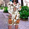 Women Plus Size V Neck Long Sleeve White Printed Straight Dress Cute Witch Raccoon Pumpkin Pattern
